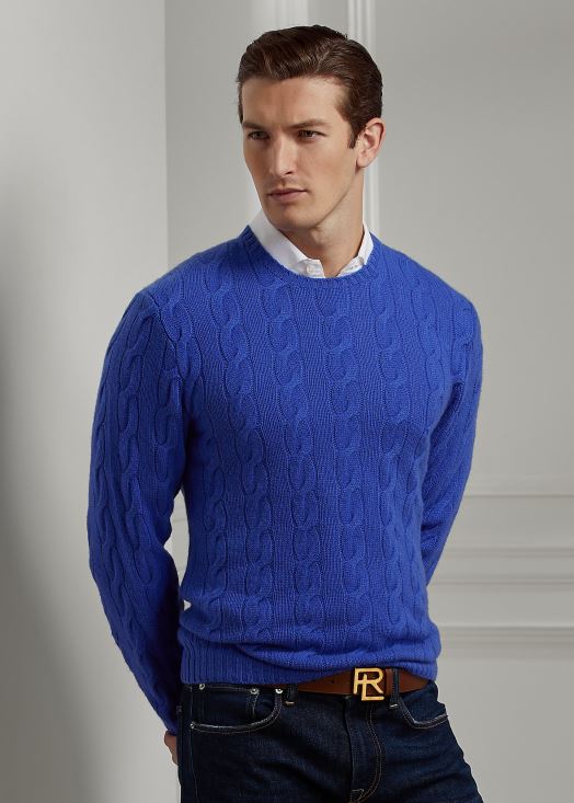 pull en cachemire à torsades 46T60T76 Hommes Ralph Lauren bleu copen classique
