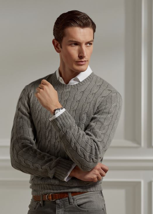 pull en cachemire à torsades 46T60T84 Hommes Ralph Lauren gris clair chiné