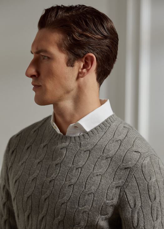 pull en cachemire à torsades 46T60T84 Hommes Ralph Lauren gris clair chiné