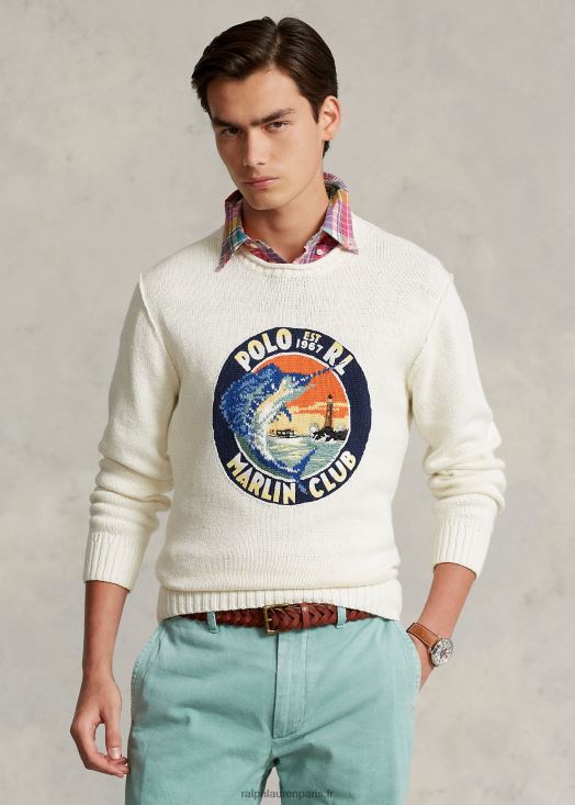 pull graphique en coton et lin 46T60T8609 Hommes Ralph Lauren crème multi