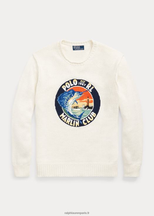 pull graphique en coton et lin 46T60T8609 Hommes Ralph Lauren crème multi