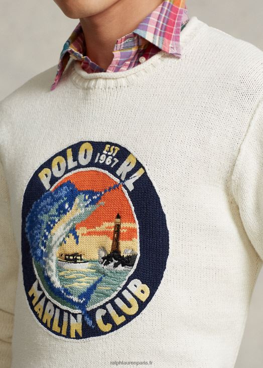 pull graphique en coton et lin 46T60T8609 Hommes Ralph Lauren crème multi