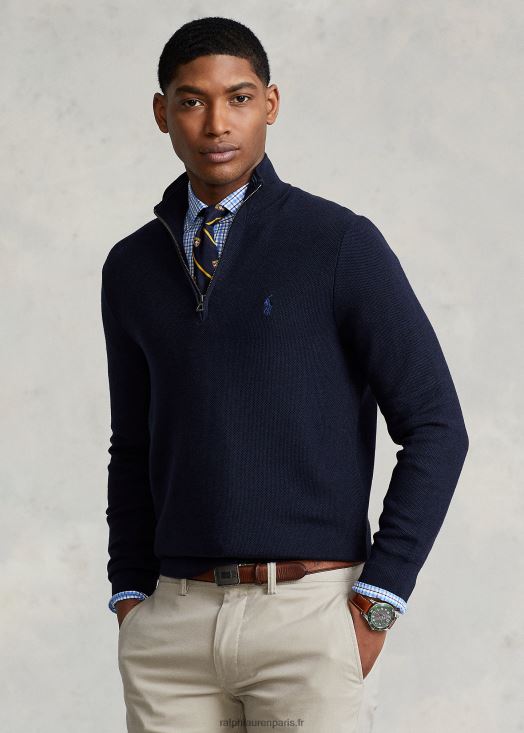 pull quart de zip en maille de coton 46T60T1243 Hommes Ralph Lauren bruyère marine