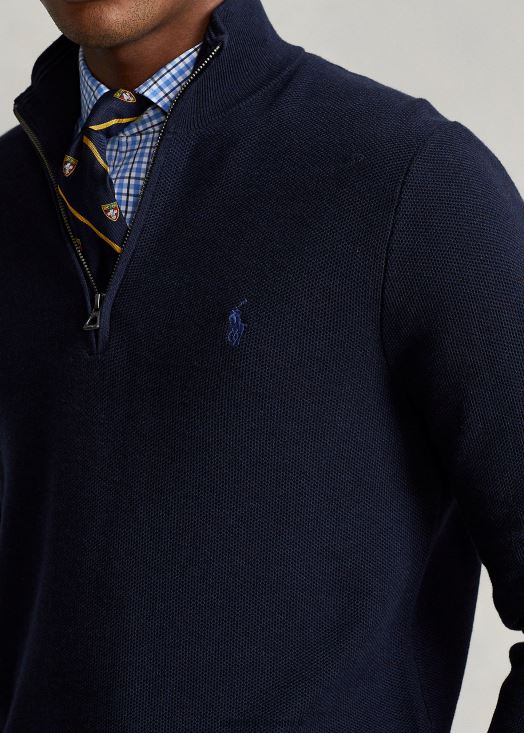 pull quart de zip en maille de coton 46T60T1243 Hommes Ralph Lauren bruyère marine