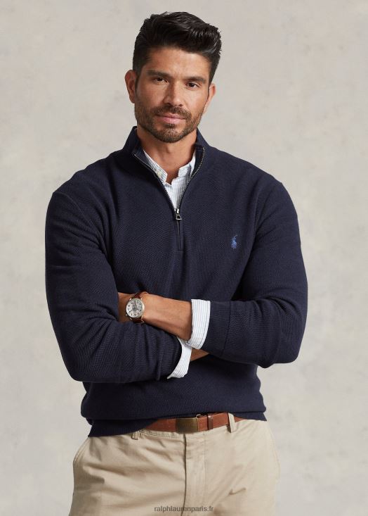 pull quart de zip en maille de coton 46T60T1914 Hommes Ralph Lauren bruyère marine