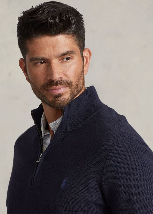 pull quart de zip en maille de coton 46T60T1914 Hommes Ralph Lauren bruyère marine