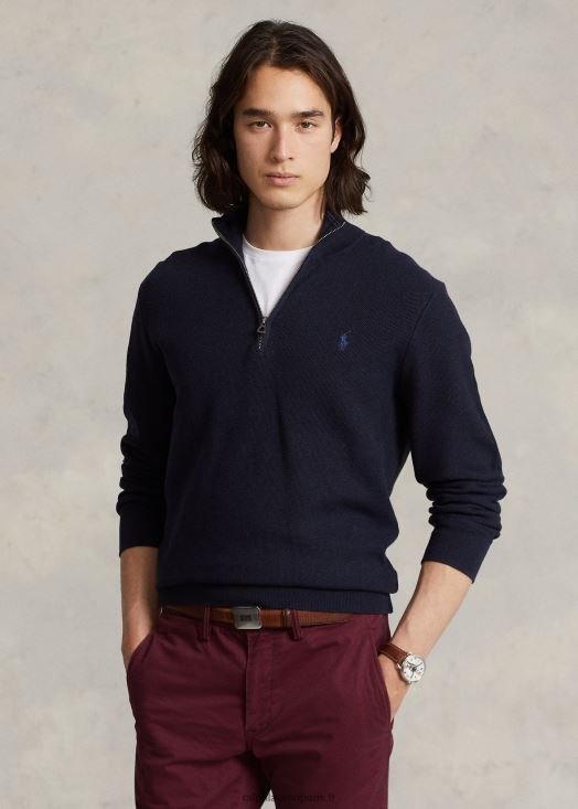 pull quart de zip en maille de coton 46T60T509 Hommes Ralph Lauren bruyère marine