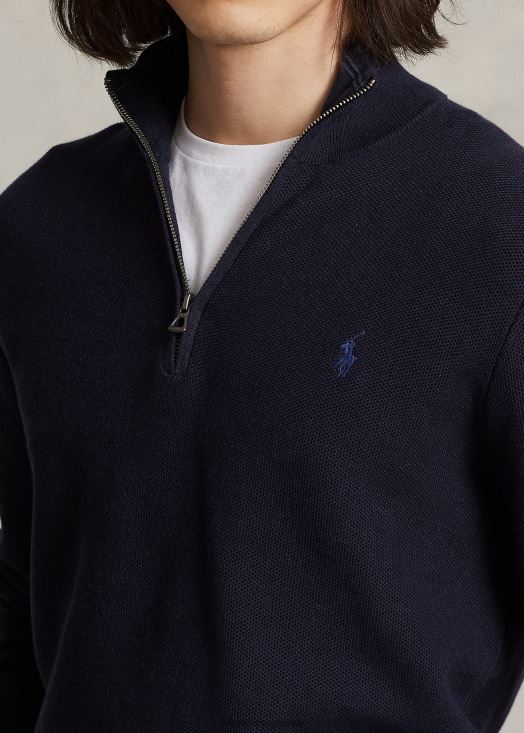 pull quart de zip en maille de coton 46T60T509 Hommes Ralph Lauren bruyère marine