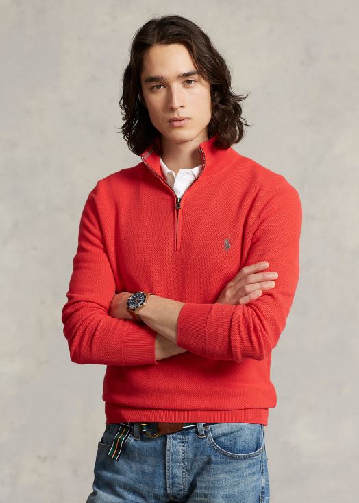 pull quart de zip en maille de coton 46T60T510 Hommes Ralph Lauren récif rouge