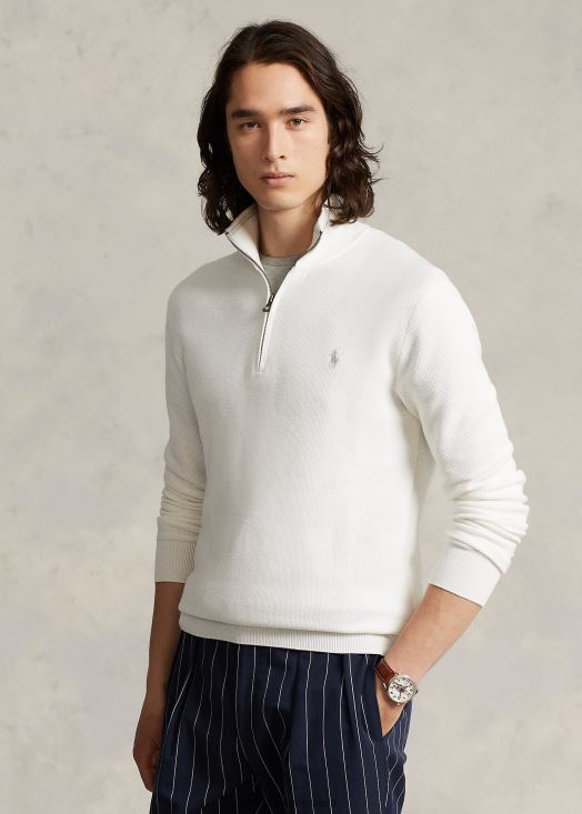 pull quart de zip en maille de coton 46T60T511 Hommes Ralph Lauren lavage de pont blanc