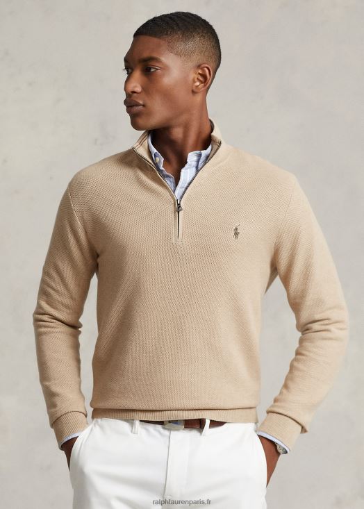 pull quart de zip en maille de coton 46T60T512 Hommes Ralph Lauren chameau mélange