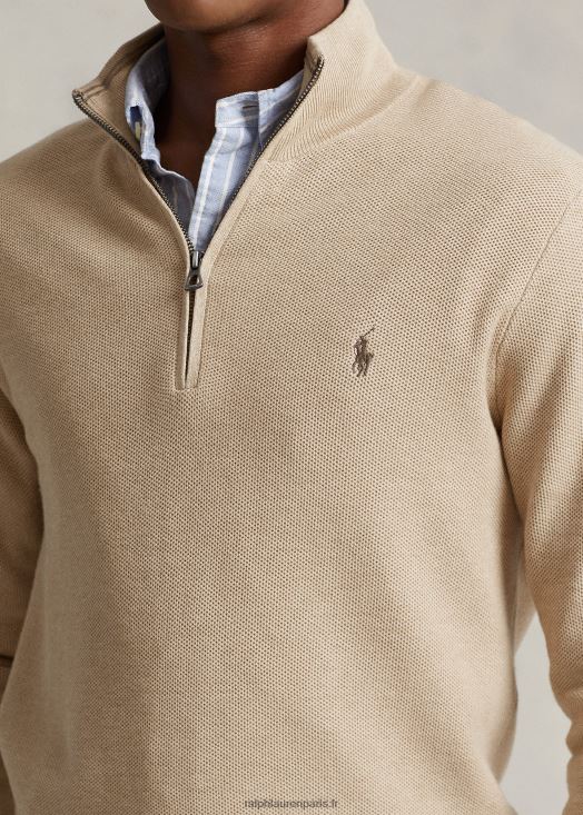 pull quart de zip en maille de coton 46T60T512 Hommes Ralph Lauren chameau mélange