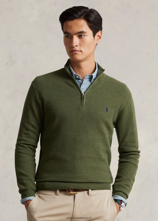 pull quart de zip en maille de coton 46T60T514 Hommes Ralph Lauren bruyère olive classique