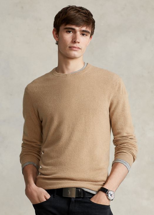 pull ras du cou en cachemire lavable 46T60T597 Hommes Ralph Lauren chameau mélange