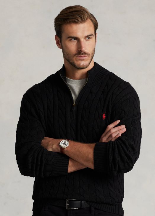 pull zippé en coton à maille torsadée 46T60T1925 Hommes Ralph Lauren noir