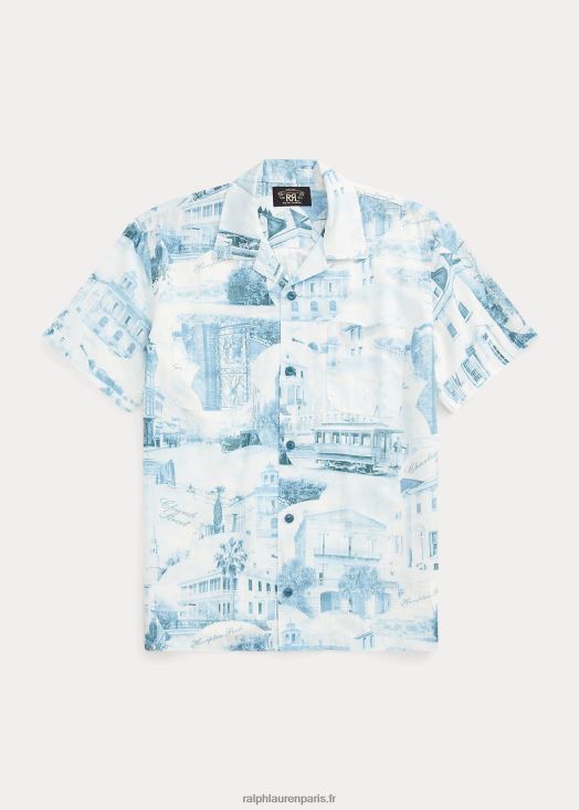 chemise camp en lin et coton à imprimé carte postale 46T60T1762 Hommes Ralph Lauren crème/bleu