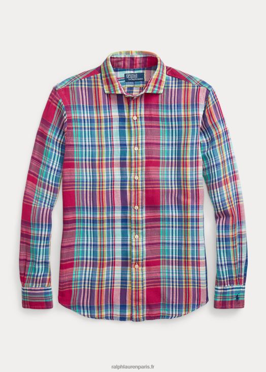 chemise classique en lin et coton à carreaux 46T60T945 Hommes Ralph Lauren rose foncé/bleu marine multi
