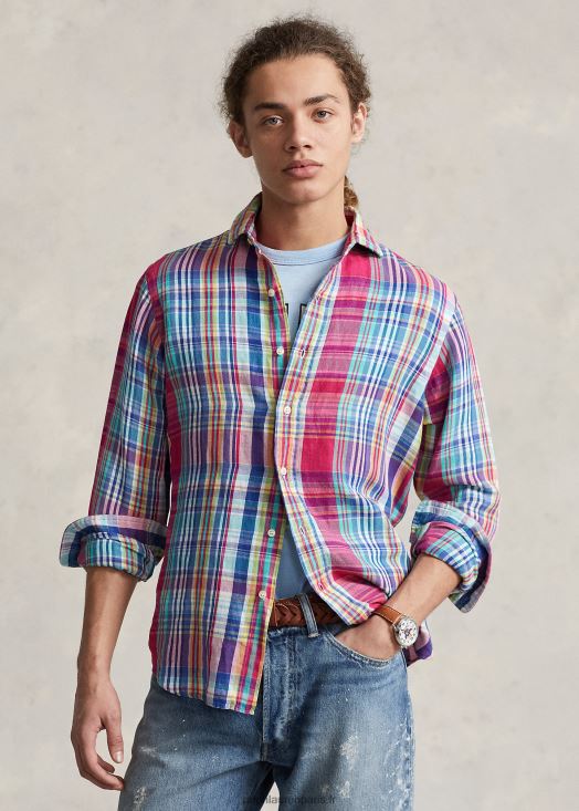 chemise classique en lin et coton à carreaux 46T60T945 Hommes Ralph Lauren rose foncé/bleu marine multi
