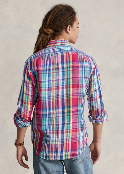 chemise classique en lin et coton à carreaux 46T60T945 Hommes Ralph Lauren rose foncé/bleu marine multi