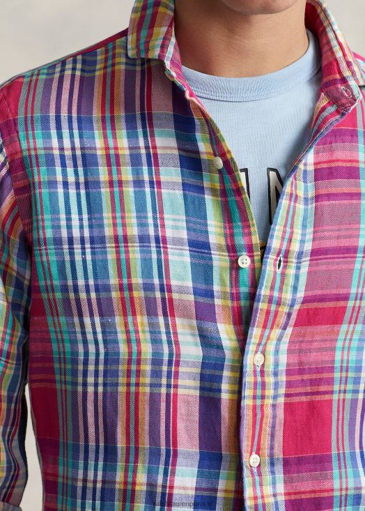 chemise classique en lin et coton à carreaux 46T60T945 Hommes Ralph Lauren rose foncé/bleu marine multi