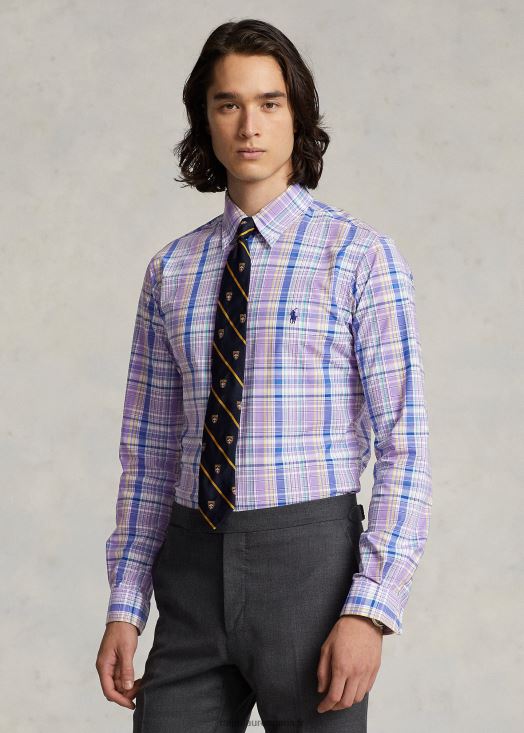 chemise coupe classique en popeline stretch à carreaux 46T60T572 Hommes Ralph Lauren multicolore violet/jaune