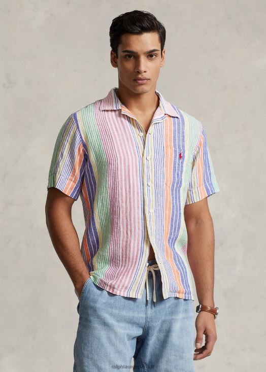 chemise de camp en lin à rayures coupe classique 46T60T1009 Hommes Ralph Lauren blanc/royal multi