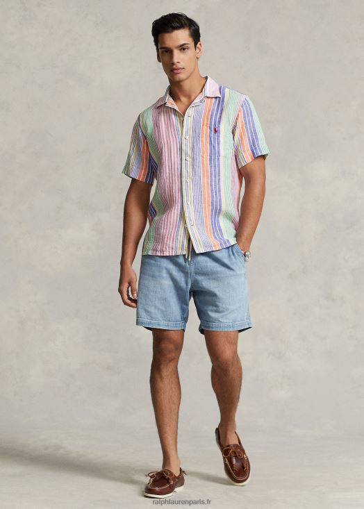chemise de camp en lin à rayures coupe classique 46T60T1009 Hommes Ralph Lauren blanc/royal multi