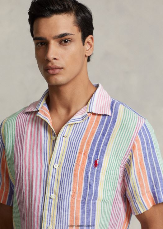 chemise de camp en lin à rayures coupe classique 46T60T1009 Hommes Ralph Lauren blanc/royal multi