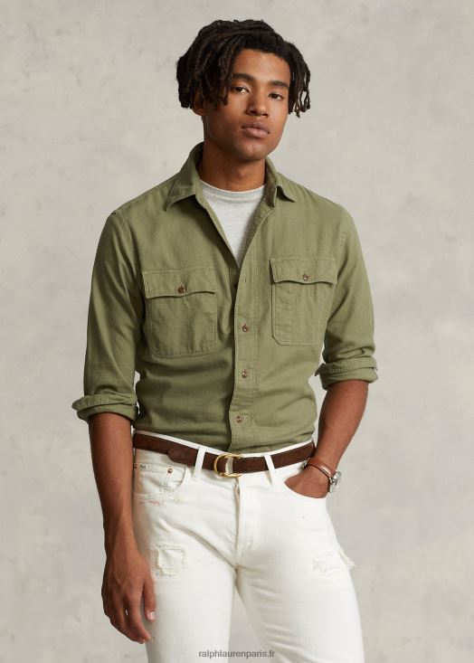 chemise de travail en sergé coupe classique 46T60T777 Hommes Ralph Lauren affaissement d'olive