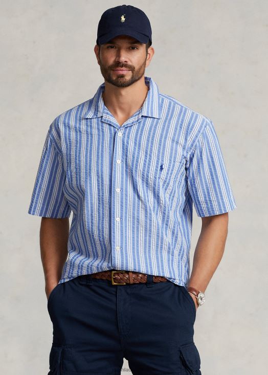 chemise rayée en seersucker 46T60T1476 Hommes Ralph Lauren bleu blanc