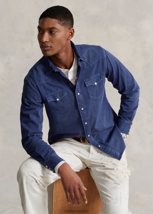 chemise western en denim teint en pièce 46T60T1119 Hommes Ralph Lauren bleu marine clair