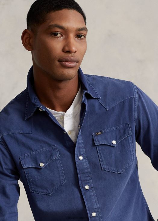 chemise western en denim teint en pièce 46T60T1119 Hommes Ralph Lauren bleu marine clair