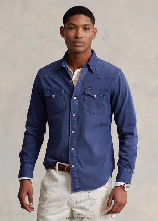 chemise western en denim teint en pièce 46T60T1119 Hommes Ralph Lauren bleu marine clair