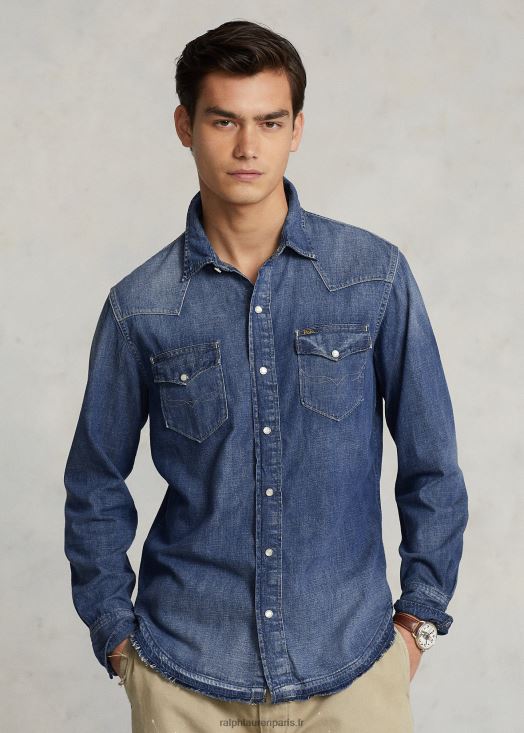 chemise western en jean à ourlet effiloché 46T60T1205 Hommes Ralph Lauren marine