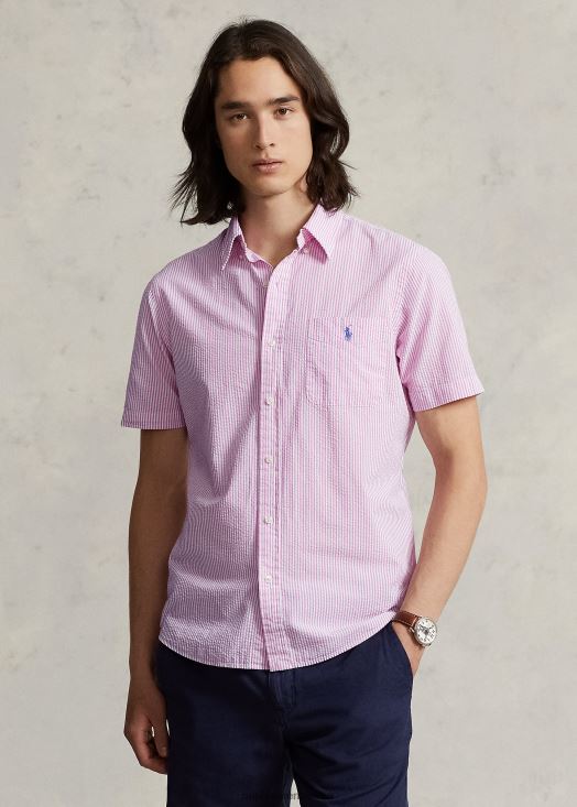 rl prepster chemise en seersucker coupe classique 46T60T676 Hommes Ralph Lauren 2604h rose/blanc