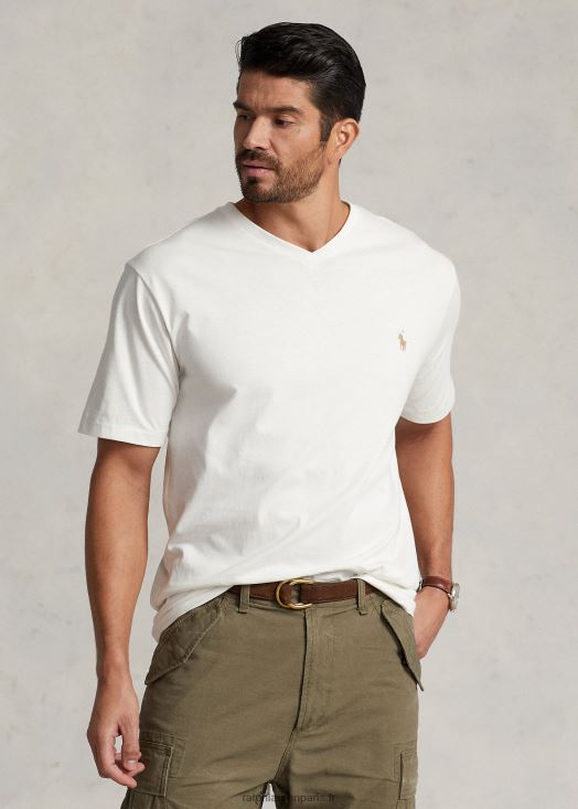 t-shirt col v en jersey 46T60T1847 Hommes Ralph Lauren lavage de pont blanc
