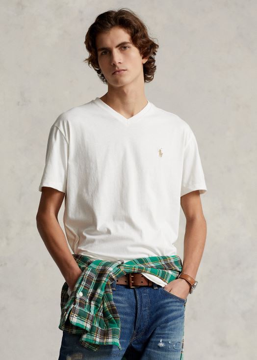 t-shirt col v en jersey coupe classique 46T60T203 Hommes Ralph Lauren lavage de pont blanc