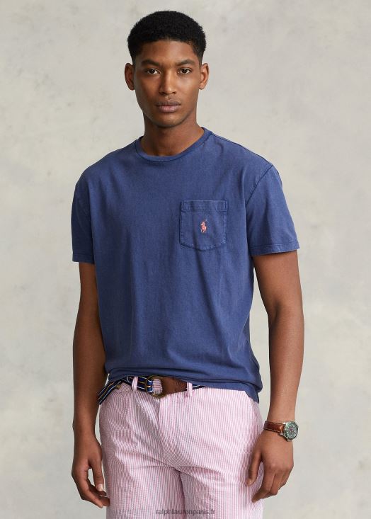 t-shirt à poche en coton et lin coupe classique 46T60T371 Hommes Ralph Lauren bleu marine clair