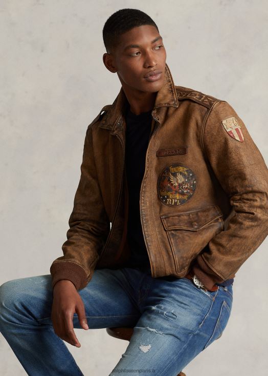 veste de vol en cuir 46T60T902 Hommes Ralph Lauren brun chasseur